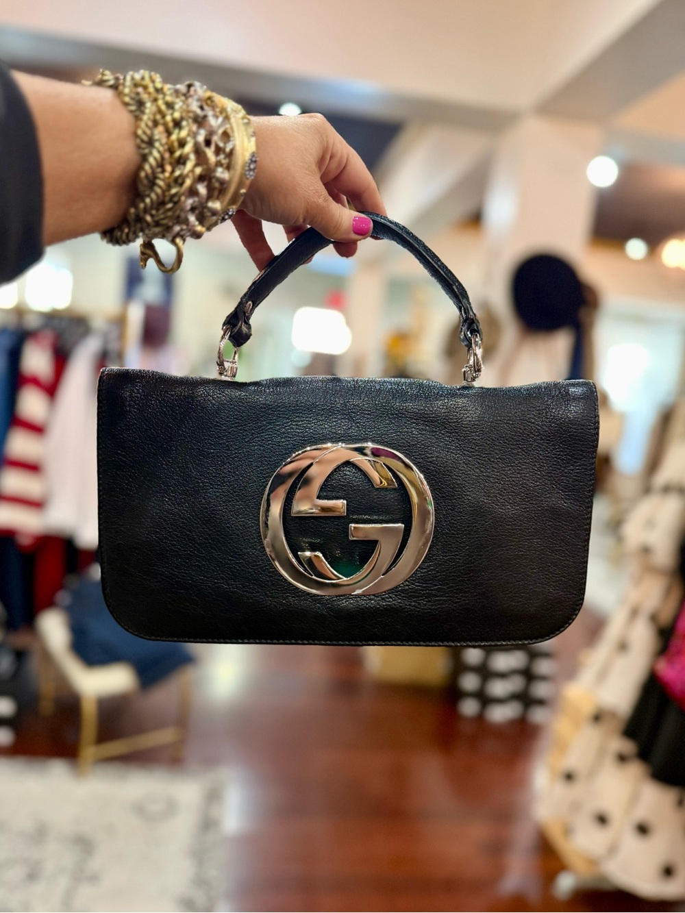 Gucci Black Leather Blondie Top-Handle Bag with Silver Interlocking GG